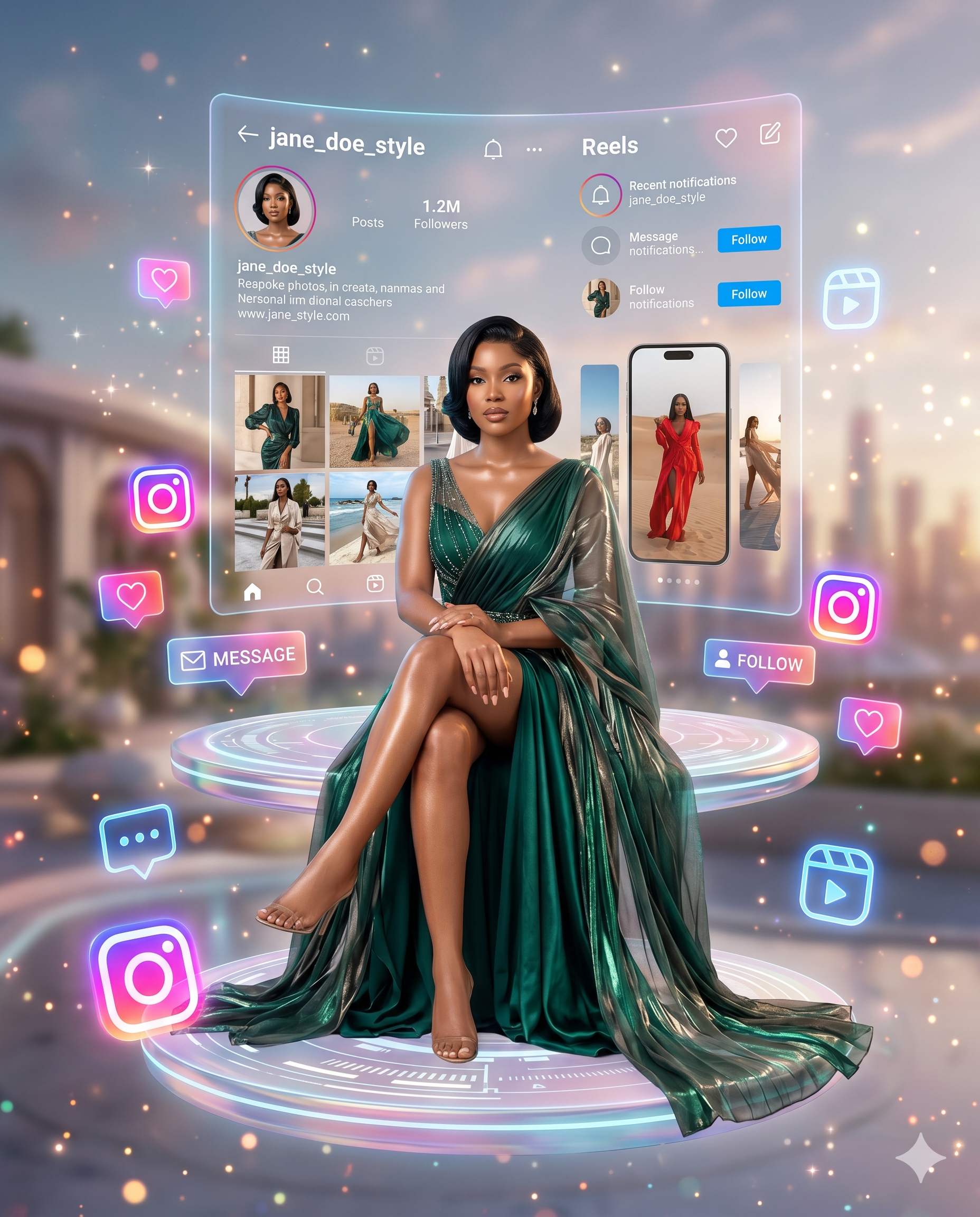 Hyper Realistic Futuristic Instagram Portrait AI Prompt | Holographic Social Media Influencer Art