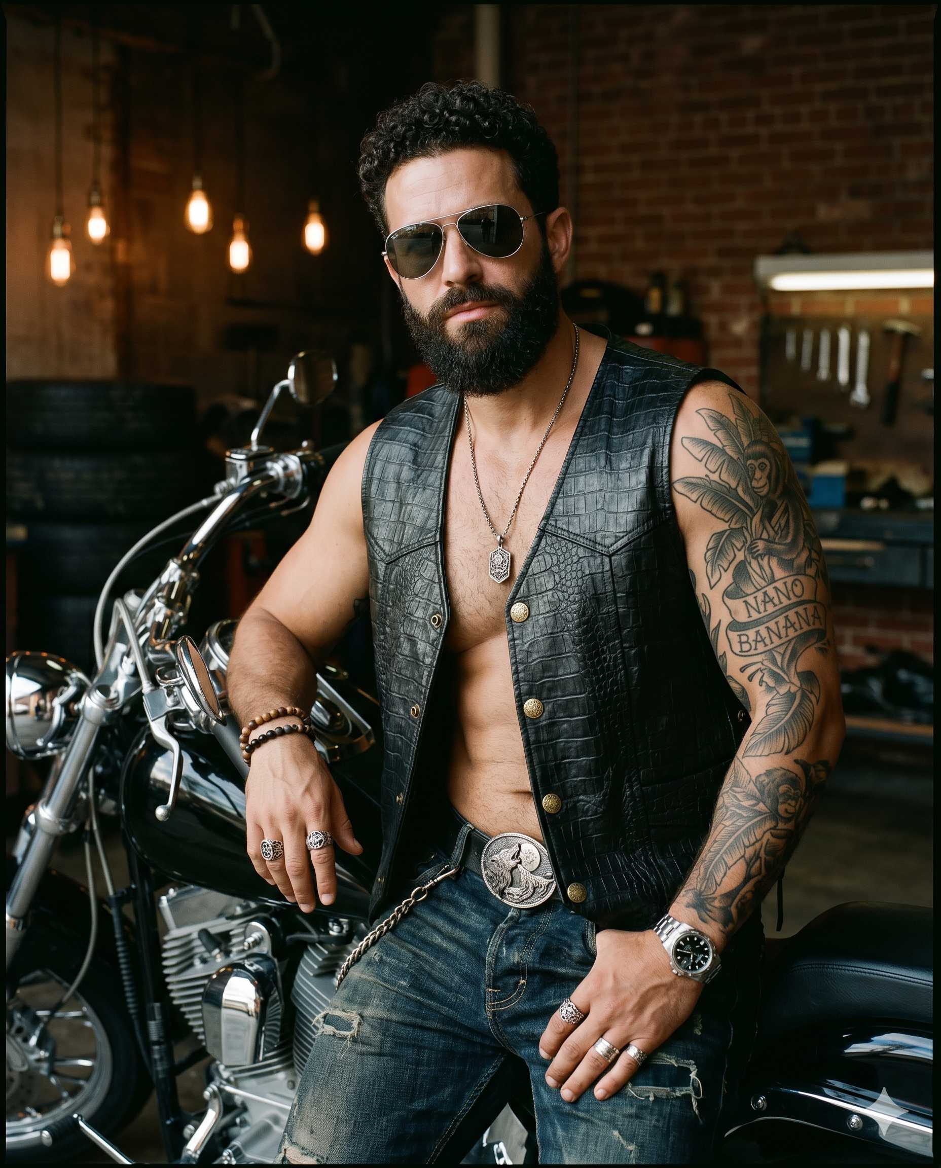 Banana AI Prompt – Rugged Biker Portrait | Nano Banana Prompt Pack